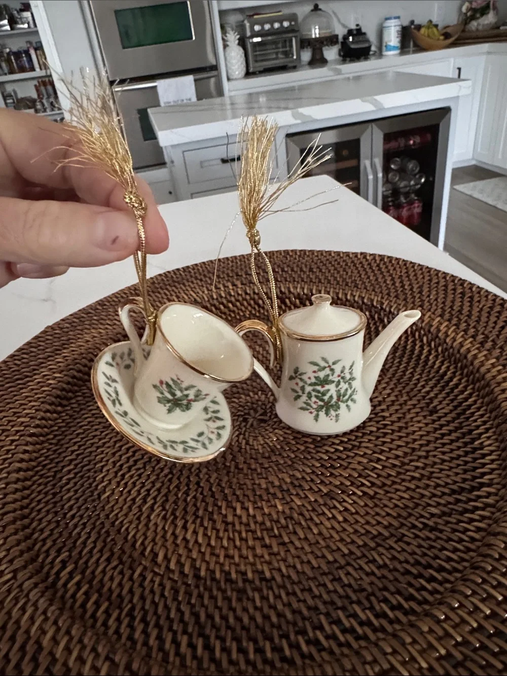 Lenox Lot Of 2 Ornaments Holly & Berries Teapot & Holiday Cup & Saucer